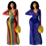 Hollow Out Mesh Hooded Striped Maxi Dress TE-4694