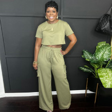 Solid Color O Neck Tops And Pants 2 Piece Set WAF-77674