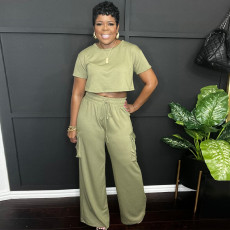 Solid Color O Neck Tops And Pants 2 Piece Set WAF-77674