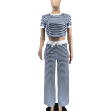 Short Sleeve Stripe Casual Loose 2 Piece Pants Set WAF-77673
