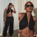 Sexy Solid Halter Wrap Top Wide Leg Pants Suit LSL-LS0006
