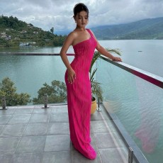 Solid Sleeveless Single Shoulder Maxi Dress GAXB-A450DS
