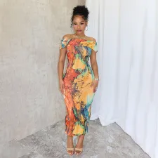 Fashion One Shoulder Print Slim Maxi Dress GAXB-A466DS