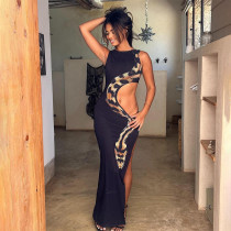Sleeveless Snake Print Hollow Out Split Long Dress GAXB-A506DS
