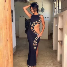 Sleeveless Snake Print Hollow Out Split Long Dress GAXB-A506DS