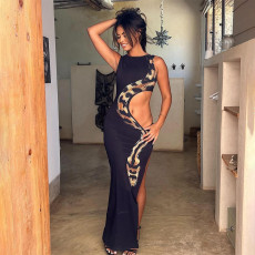 Sleeveless Snake Print Hollow Out Split Long Dress GAXB-A506DS