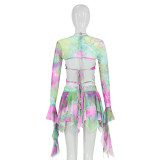 Long Sleeve Tie Up Print Irregular Skirt Suit GAXB-W092ST