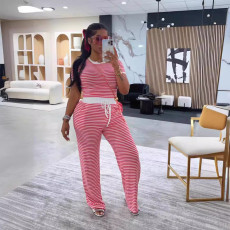 Short Sleeve Stripe Casual Loose 2 Piece Pants Set WAF-77673