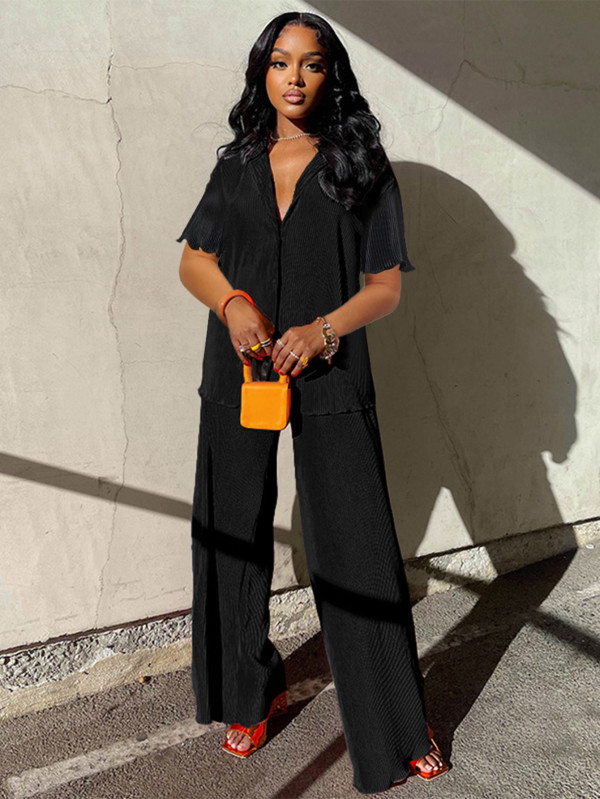 Loose Pleated Shirts Wide Leg Pants Two Piece Set MIL-126