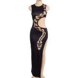 Sleeveless Snake Print Hollow Out Split Long Dress GAXB-A506DS