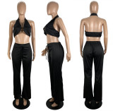Sexy Solid Halter Wrap Top Wide Leg Pants Suit LSL-LS0006