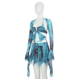 Long Sleeve Tie Up Print Irregular Skirt Suit GAXB-W092ST