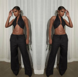 Sexy Solid Halter Wrap Top Wide Leg Pants Suit LSL-LS0006
