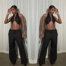 Sexy Solid Halter Wrap Top Wide Leg Pants Suit LSL-LS0006