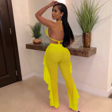 Solid Color See Throguh Mesh Sling Two Piece Pants Set TE-4691