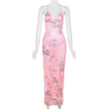 Print Sleeveless Tie Up Blackless Long Dress GAXB-W086DS