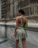 Fashion V-neck Sleeveless Vest Top Pleated Skirt Set MDF-5500