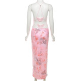 Print Sleeveless Tie Up Blackless Long Dress GAXB-W086DS
