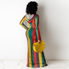 Hollow Out Mesh Hooded Striped Maxi Dress TE-4694