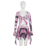 Long Sleeve Tie Up Print Irregular Skirt Suit GAXB-W092ST