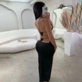 Print Sleeveless Tie Up Blackless Long Dress GAXB-W086DS