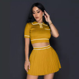 Round Neck Short Sleeve Pleated Two Piece Skirt Set OSM-AJ4461