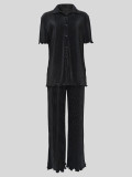 Loose Pleated Shirts Wide Leg Pants Two Piece Set MIL-126