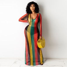 Hollow Out Mesh Hooded Striped Maxi Dress TE-4694