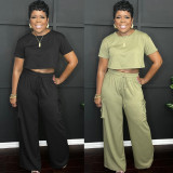 Solid Color O Neck Tops And Pants 2 Piece Set WAF-77674