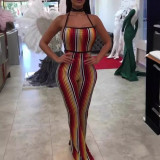 Print Stripe Backless Halter Jumpsuit LSL-LS8004