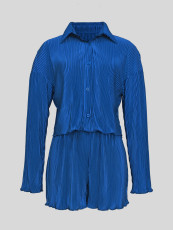 Solid Color Lapel Loose Shirt Two Piece Shorts Set MIL-T121