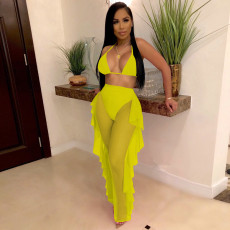 Solid Color See Throguh Mesh Sling Two Piece Pants Set TE-4691