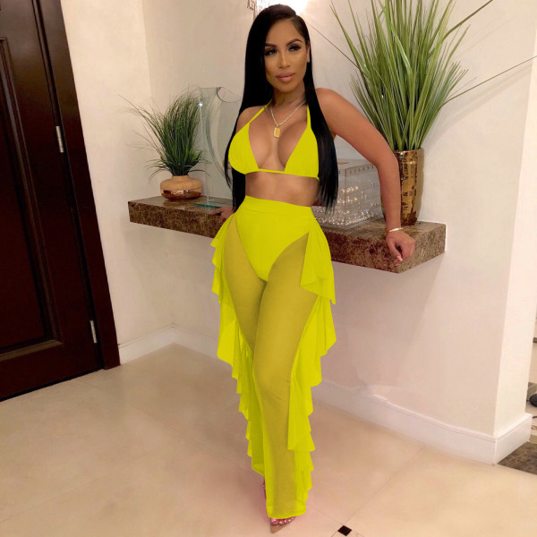 Solid Color See Throguh Mesh Sling Two Piece Pants Set TE-4691