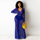 Hollow Out Mesh Hooded Striped Maxi Dress TE-4694