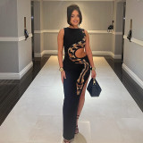 Sleeveless Snake Print Hollow Out Split Long Dress GAXB-A506DS