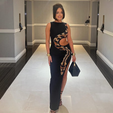 Sleeveless Snake Print Hollow Out Split Long Dress GAXB-A506DS