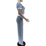 Short Sleeve Stripe Casual Loose 2 Piece Pants Set WAF-77673
