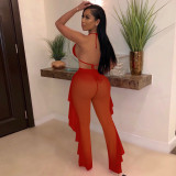Solid Color See Throguh Mesh Sling Two Piece Pants Set TE-4691