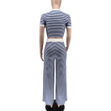 Short Sleeve Stripe Casual Loose 2 Piece Pants Set WAF-77673