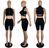 Sexy Solid Color Zipper Tops Two Piece Shorts Set LSL-LS6455