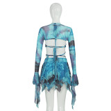 Long Sleeve Tie Up Print Irregular Skirt Suit GAXB-W092ST
