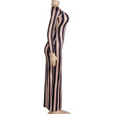 Stripe Print Long Sleeve Backless Maxi Dress GAXB-A253DS