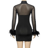 Mesh Patchwork Feather Mini Dress GAXB-A321DS