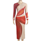 Sexy Mesh Color Block Print Maxi Dress GAXB-A401DS