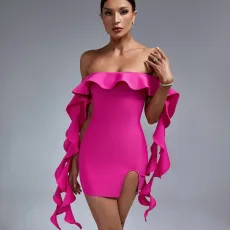 Sleeveless One Shoulder Wooden Ear Split Dress GAXB-A230DS