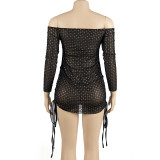 One Shoulder Long Sleeve Drawstring Mini Dress GAXB-A127DS