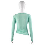 Solid Mesh Patchwork Long Sleeve See-Through Top GAXB-A292TP