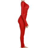 Solid V Neck Long Sleeve Pants Suit GAXB-A390ST
