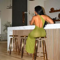 Solid Color Backless Slash Shoulder Maxi Dress GAXB-A146DS