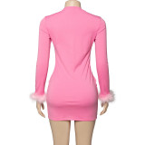 Long Sleeve Feather Patchwork Mini Dress GAXB-A301DS
